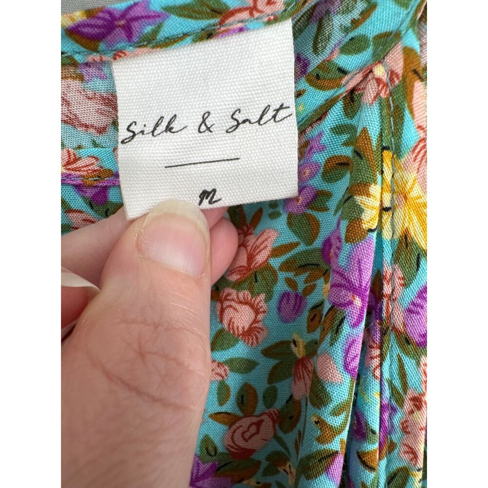 Silk Salt Dress Womens Medium Blue Floral Maxi Ditsy Front Slits Boho Cottage - Picture 2 of 10